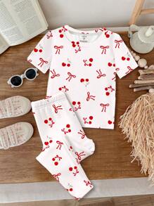 SHEIN 可爱蝴蝶结和樱桃印花，女婴休闲简约贴身圆领短袖和长裤睡衣，适合夏季 - 彩色 - 查看 3