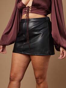 Hauture 夏季女士，女士大码性感休闲黑色仿皮银色纽扣修身迷你裙，女式半身裙，黑色半身裙，皮裙。适合约会、演唱会、演出、派对、俱乐部、音乐节 - 黑色 - 查看 8