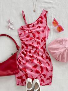 Holiday,Summer,TravelTween Girl Elegant Casual Vacation Asymmetrical Shoulder Snug Fit Butterfly Print Red Knitted Dress, Suitable For Spring/Summer Outdoor Vacation, Beach Outfit