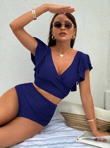 Swim Chiccia Women's Summer Beach Solid Ruffled Sleeve Sexy Bikini Set - Navy Blue - View 1