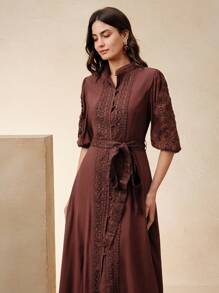 Anewsta Đầm đô thị thanh lịch cổ đứng tay dài buộc eo, thích hợp cho mùa xuân/hè, ngày lễ tình nhân, đêm hẹn hò - Đỏ - Xem 3