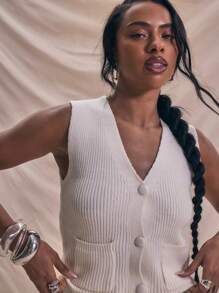 MUSERA Fitted Cropped Knitted Button Waistcoat Crop Top Spring Summer Holidays Soft Serve Airport Bridal Bachelorette Hen Do Wedding - Apricot - View 4