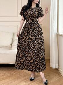 Women Leopard Print Round Neck Short Sleeve Elegant Dress Leopard Dress - Brown - View 4