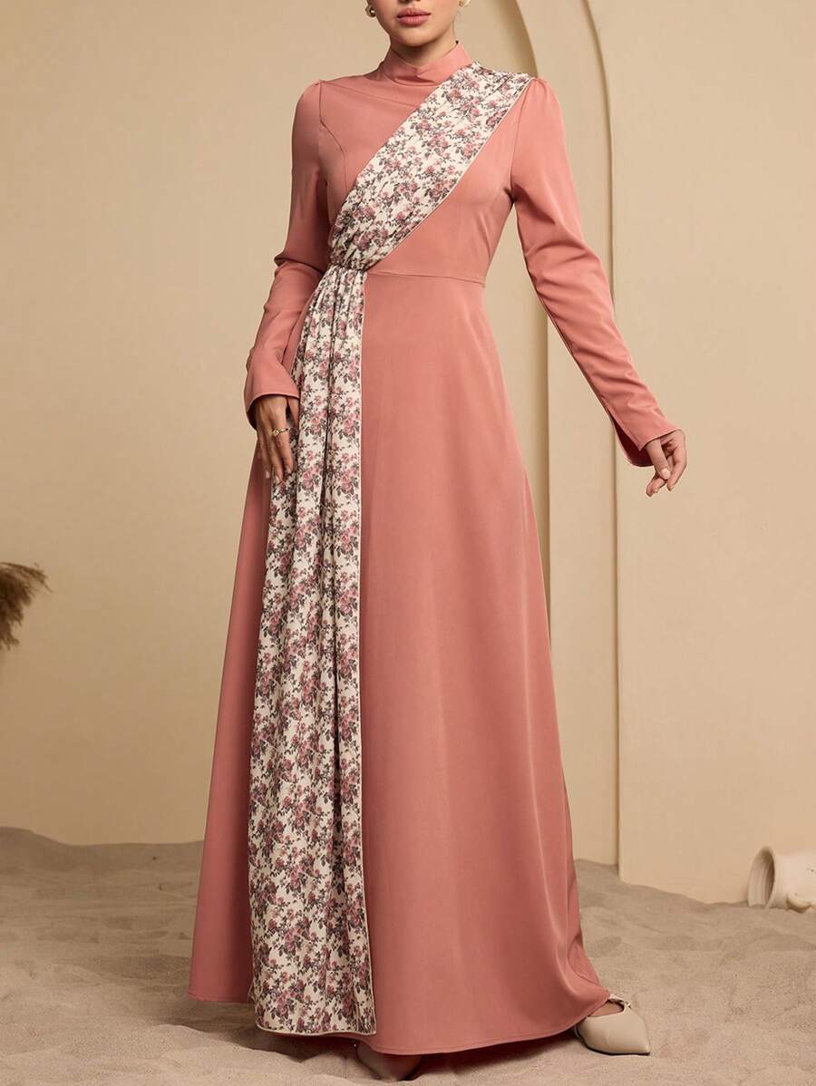 Seusyu 立领印花丝带束腰喇叭下摆阿拉伯风格女式连衣裙，端庄 - 粉色 - 查看 1