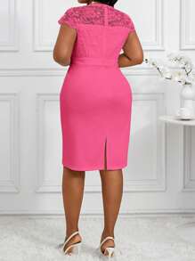 Fleurora Plus Size Women Contrast Lace Crew Neck Gathered Sleeve Elegant Dress - Hot Pink - View 2