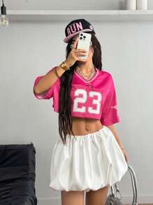 SHEIN Coolane Camiseta de mujer con estampado de número de en bloque de color, manga corta, color rosa - Rosa Fucsia - Ver 3