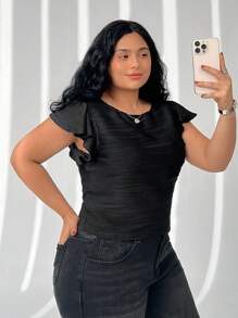SHEIN EZwear Women Plus Size Black Pleated Ruffle Cap Sleeve Blouse