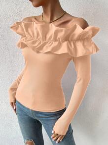 Chiquease 女士纯色荷叶边露肩长袖休闲 T 恤 - 粉色 - 查看 6