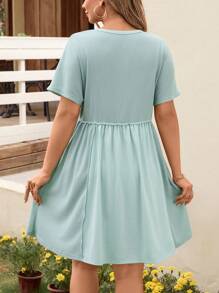 SHEIN LUNE 女士加大码纯色圆领短袖休闲连衣裙女式夏季服装女式夏季连衣裙度假服装女式加大码女装波西米亚风迷你连衣裙母亲节 - 薄荷綠 - 查看 2