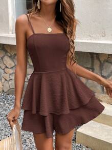 Poéselle Tuta estiva con lacci sulla schiena, orlo a strati, canotta, tuta con collo alto, tutina, completini, freschezza estiva, adatta per uso quotidiano e vacanze - Caffè Marrone - Visualizzare 1