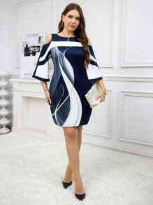 SHEIN Clasi Plus Size Black Color Block Printed Elegant Midi Dress For Ladies Fall - Navy Blue - View 4