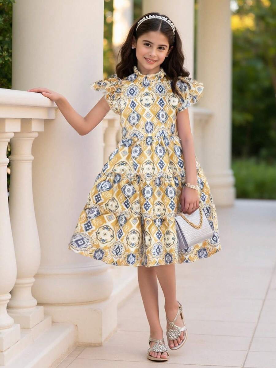 Tween Girls Elegant Geometric Retro Print Ruched Ruffle Hem Dress, Vacation, Gorgeous Palace Style, Gold Retro Print - Khaki - View 1