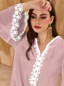 Al Najma Elegant Flared Sleeve Front Floral Lace Decor Maxi A-Line Arabian Dress, Spring/Summer,Modest - Pink - View 7