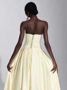 Elitara Elegant Light Yellow Strapless & Adjustable Lacing Waist Maxi With Oversized Flare Hem Dress, Versatile For Dating, Vacation, Party, Formal Occasions, Butter Yellow Dress, Gown, For Evening, Wedding Guest