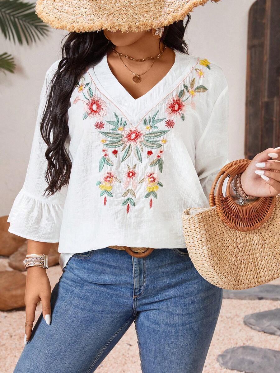 Linhara 大码女式花卉刺绣休闲衬衫，上衣适合派对、聚会、街头、春季、夏季、圣帕特里克节、复活节、春假、波西米亚风节日 - 白色 - 查看 1