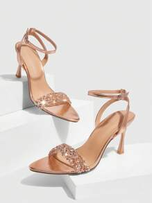 CUCCOO SZL Pointed Toe Stiletto High Heel Sandals, Fashion Rhinestone Embellished Closed Toe Versatile Sandals - Champagne - View 3