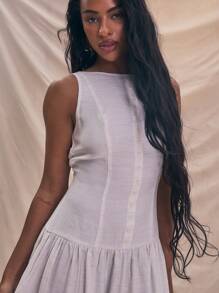 MUSERA Sleeveless Linen Look Button Up Drop Waist Maxi Dress Summer Holiday Sundress