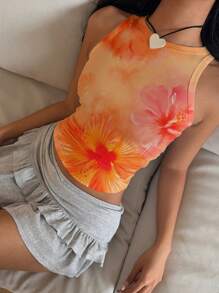 Aloruh Neue lässige Urlaubs-Rüschen-Orange-Batik-Blumen-Muster Damen Tank Top, geeignet für Sommer, Strandurlaub/Frühjahrsferien/Musikfestival