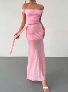 Aloruh 全新浪漫粉色露肩露背可转换上衣和裙子两件套，海滩度假性感装 - 粉色 - 查看 4