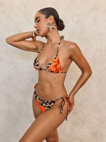 Swim SXY 2 piezas Conjunto de bikini de mujer con estampado floral y de leopardo sexy
