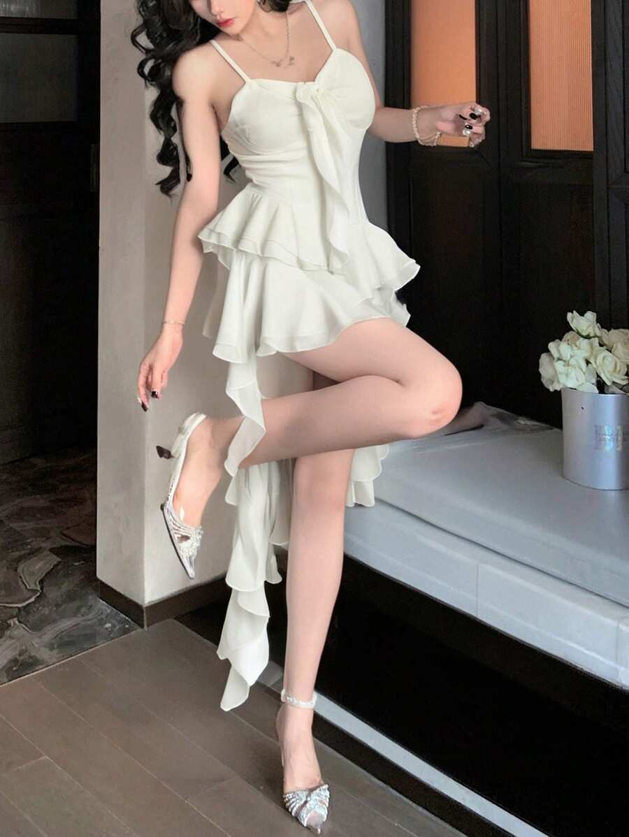 DAZY 女式不对称荷叶边饰腰部系带雪纺吊带连衣裙夏季舞会礼服节日服装 - 白色 - 查看 1