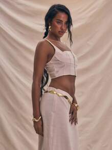 MUSERA 编织亚麻钩眼贴合方领无袖短款吊带背心