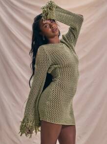 MUSERA Crochet Fitted Wide Trim Sleeve Mini Dress Holiday Boho Elegant Holiday Soft Serve Ibiza Beach Night Out Date Night Birthday Carvinal Spring Summer Vacation - Green - View 2