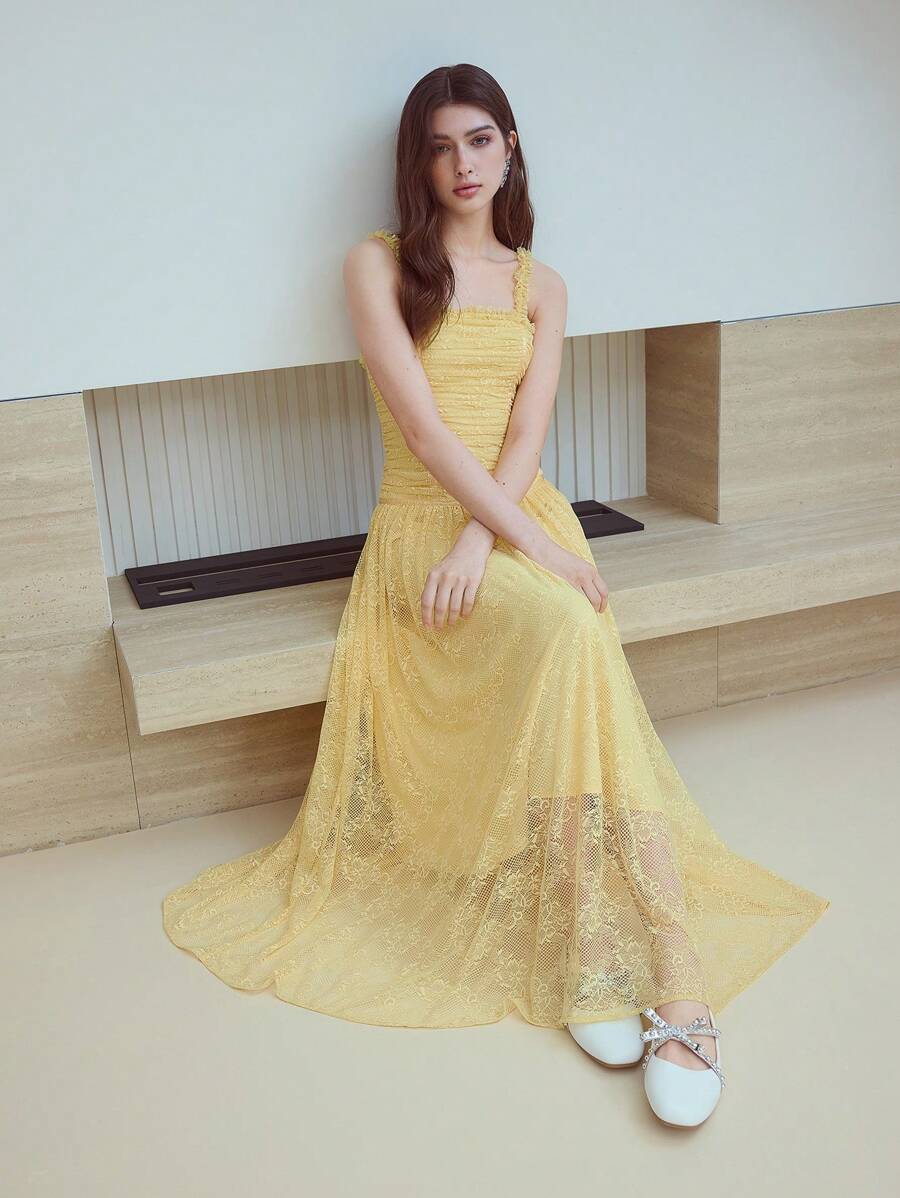 MOTF STUDIO LACE GATHERED FLOWY CAMI DRESS - Yellow - View 1