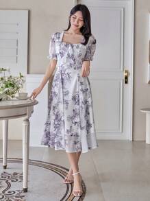 DAZY Women Floral Print Square Neck Puff Sleeve Ruffle Hem Midi Dress Sundress