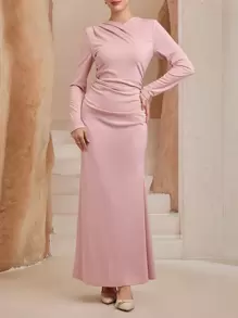 Graceveil Plus Size Muslim Dress With Headscarf, Ruched Figure-Flattering - Pink - View 1