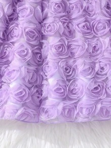 2 件套青少年女孩纯色 3D 花卉无袖圆领上衣和裙子，优雅夏季服装 - 紫色 - 查看 3