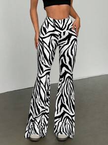 SHEIN Unity Women's Zebra Print V-Waist Flare Pants Fall Cloth For Women - Black and White - View 5