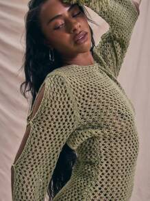 MUSERA Crochet Fitted Wide Trim Sleeve Mini Dress Holiday Boho Elegant Holiday Soft Serve Ibiza Beach Night Out Date Night Birthday Carvinal Spring Summer Vacation - Green - View 5