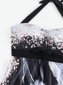 SHEIN 2pcs Summer Spaghetti Strap Crop Top With Drawstring And High Cut Bottoms Elegant Bikini Set - Multicolor - View 6