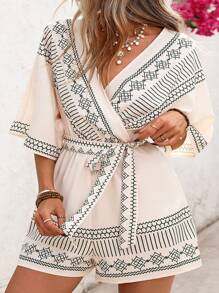 SHEIN VCAY Tutina avvolgente con scollo a V e stampa geometrica per donne taglia comode