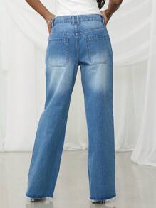 NYA SZN 春季双腰带细节中度水洗直筒牛仔裤节日夏季度假办公室西服学院风休闲装女士 - 中等水洗藍 - 查看 5