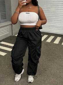 SHEIN EZwear 黑色抽绳腰部宽松休闲大码工装裤 - 黑色 - 查看 3