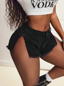 SHEIN Slayr Sexy Party Distressed Side Slit Denim Shorts - Black - View 5