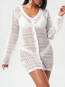 SHEIN 女士海滩夏季罩衫，白色镂空钩针编织长袖罩衫，优雅节日波西米亚风格 - 白色 - 查看 6