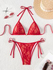 SHEIN Swim 女士系带吊带性感比基尼两件套泳衣套装，夏季海滩 - 紅色 - 查看 1