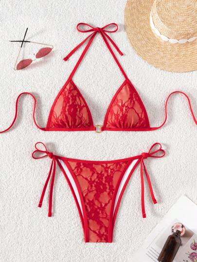 SHEIN Swim Women's Lace-Up Halter Sexy Bikini 2 Pieces Swimwear Set, Summer Beach