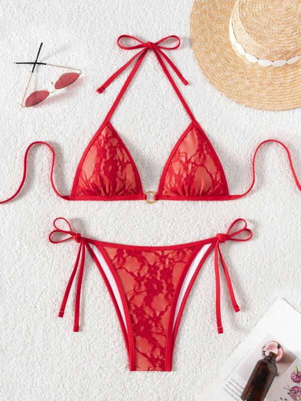 SHEIN Swim Women's Lace-Up Halter Sexy Bikini 2 Pieces Swimwear Set, Summer Beach