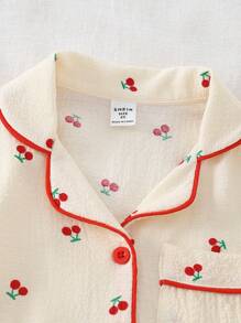 SHEIN Vintaside Kids 2pcs Young Girls Cherry Cute Pattern Color Block Button Decor Short Sleeve Top And Shorts Pajamas Set - Multicolor - View 6