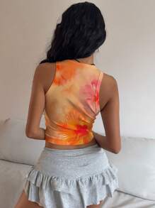 Aloruh Neue lässige Urlaubs-Rüschen-Orange-Batik-Blumen-Muster Damen Tank Top, geeignet für Sommer, Strandurlaub/Frühjahrsferien/Musikfestival