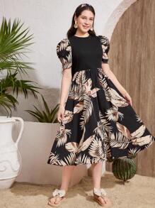 SHEIN Đầm suông hở lưng họa tiết lá và hoa dáng chữ A thanh lịch cho bé gái tuổi teen - màu đen - Xem 5