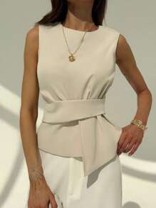 Aloruh Minimalist Crew Neck Sleeveless Ruched Waist Apricot Women Blouse For Commuting