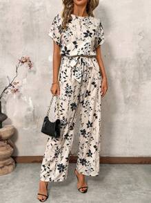 SHEIN Clasi Combinaison casual à manches chauve-souris imprimée de fleurs tout-sur-tout, grande taille pour les vacances - Multicolore - Voir 1