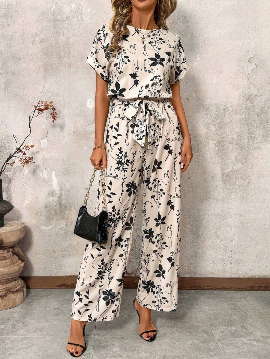 SHEIN Clasi Combinaison casual à manches chauve-souris imprimée de fleurs tout-sur-tout, grande taille pour les vacances - Multicolore - Voir 1
