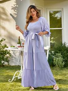KURAYIA Plus Size Square Neck Wide Leg Loose Belted Jumpsuit, Vacation Wear - Purple - View 4