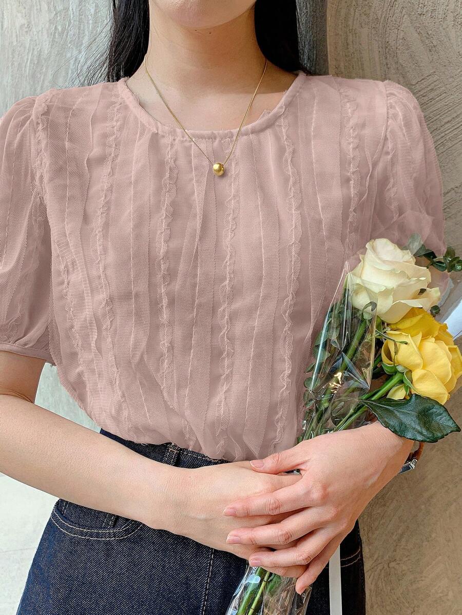 DAZY 女士纹理面料短袖衬衫 - 粉色 - 查看 1